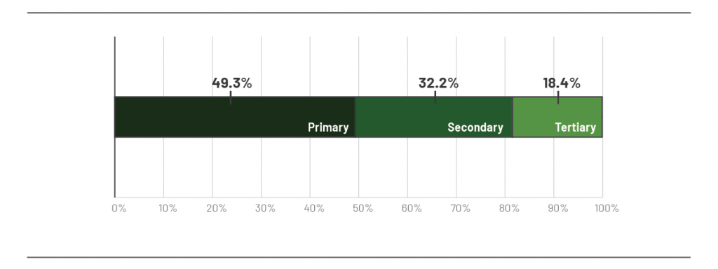 Primary 49.3%, secondary 32.2%, tertiary 18.4%